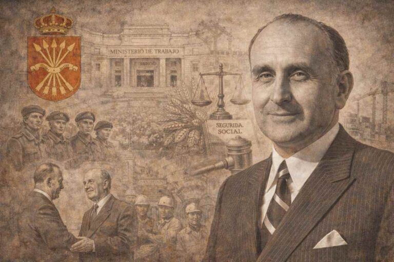 Retrato alegórico de Licinio de la Fuente y de la Fuente, jurista y ministro de Trabajo, representado con traje y corbata, acompañado de símbolos de la política social, el Ministerio de Trabajo y el mundo laboral de la España del tardofranquismo.