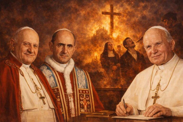 Imagen alegórica con Juan XXIII, Pablo VI y Juan Pablo II reunidos en una composición simbólica, con una cruz luminosa y una iglesia en llamas al fondo, evocando el martirio cristiano y la memoria de la persecución religiosa durante la Guerra Civil Española.