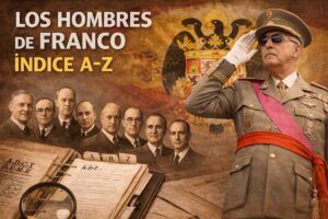 Composición alegórica de Francisco Franco con el escudo de España de la época franquista y un archivo documental que representa el índice A-Z de Los hombres de Franco.