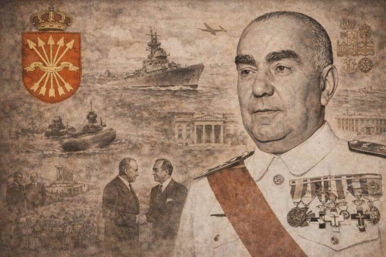 Ilustración alegórica de Luis Carrero Blanco, almirante y presidente del Gobierno, con símbolos navales y políticos del franquismo que representan su papel clave en la historia de España.