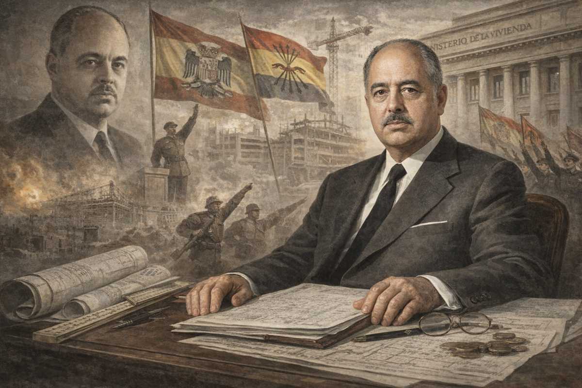 Imagen alegórica de Vicente Mortes Alfonso, ingeniero y ministro de Vivienda durante el franquismo, en un contexto de planificación urbana y desarrollo económico.