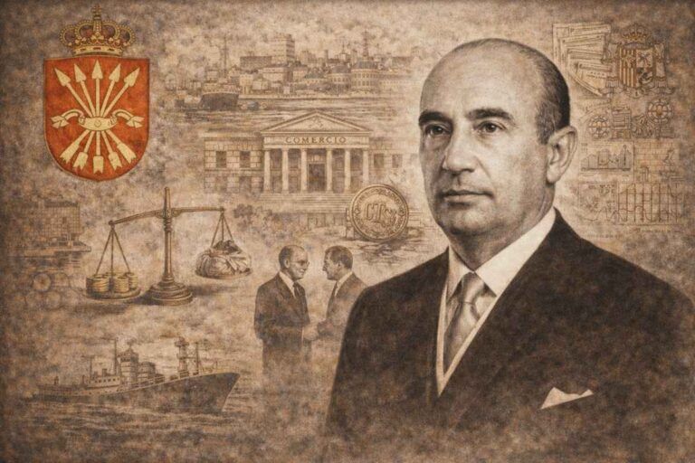 Ilustración alegórica en tonos sepia de Manuel Arburúa de la Miyar, retratado con traje oscuro y gesto serio, rodeado de símbolos económicos y comerciales —balanza, monedas, buques mercantes y edificios institucionales— que aluden a su labor como ministro de Comercio y a la política de apertura económica de la España de posguerra.