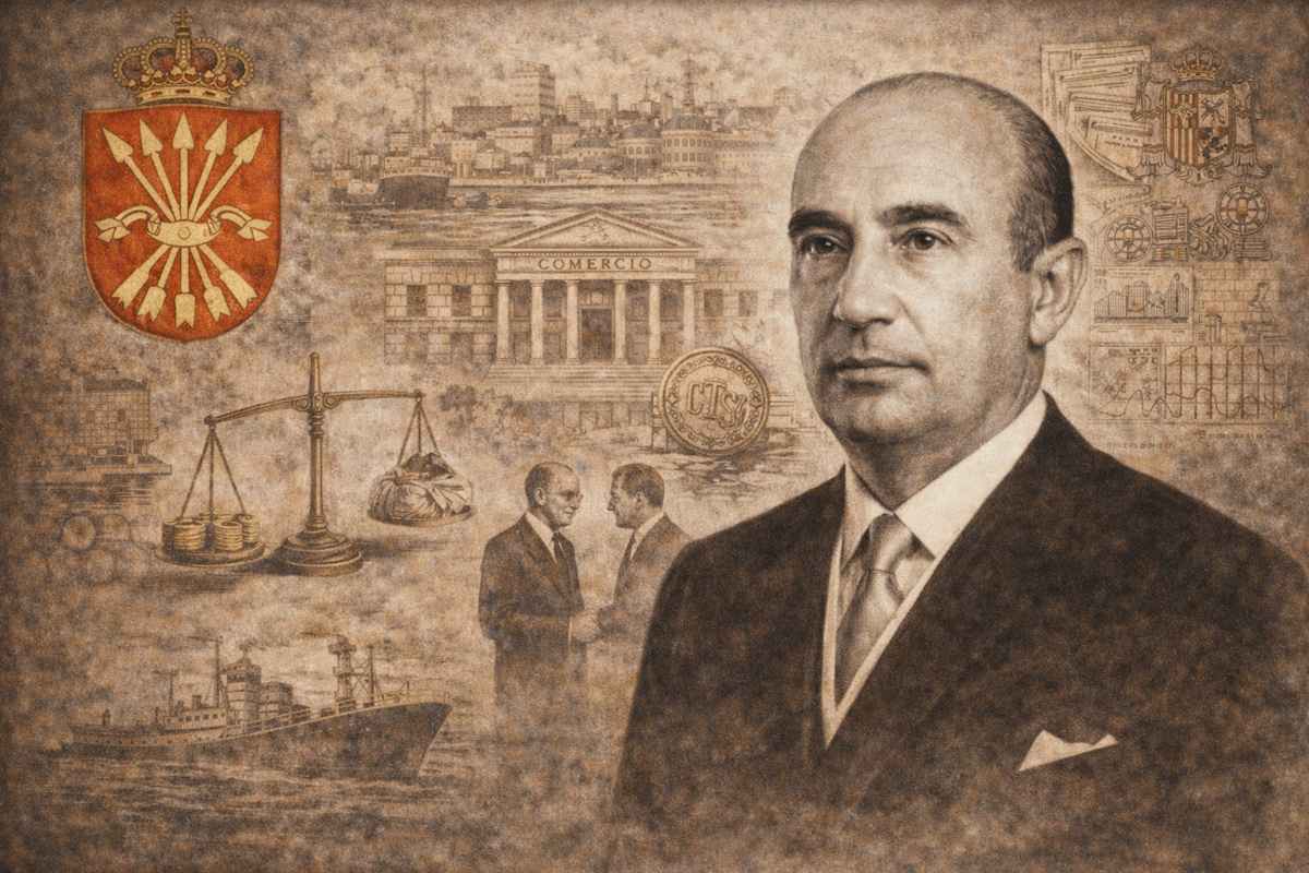 Ilustración alegórica en tonos sepia de Manuel Arburúa de la Miyar, retratado con traje oscuro y gesto serio, rodeado de símbolos económicos y comerciales —balanza, monedas, buques mercantes y edificios institucionales— que aluden a su labor como ministro de Comercio y a la política de apertura económica de la España de posguerra.