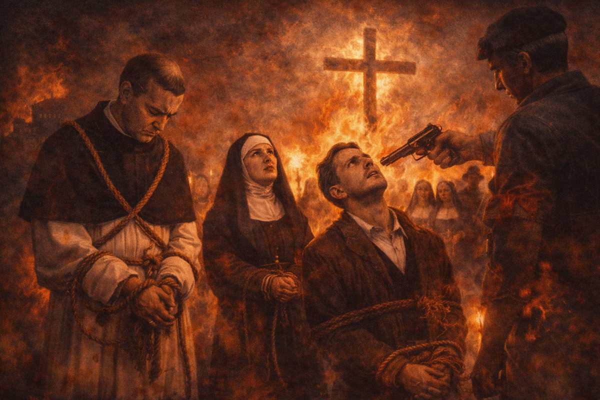 Imagen alegórica de los mártires cristianos durante la Guerra Civil Española, con sacerdotes, religiosos y laicos ante una cruz en llamas, una iglesia incendiada al fondo y un ambiente de persecución y testimonio de fe.