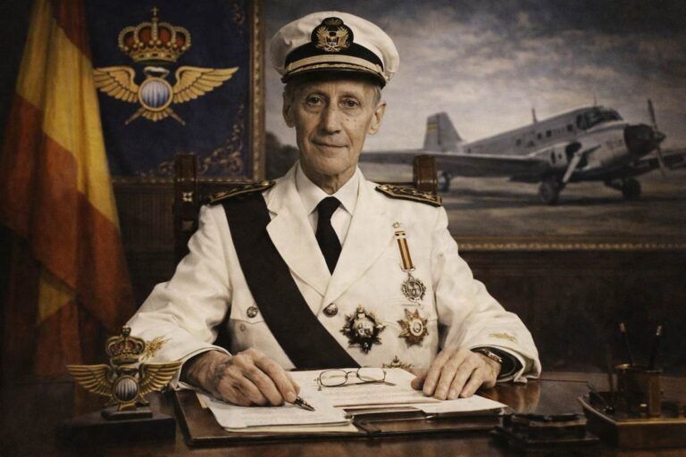 José Daniel Lacalle Larraga, teniente general del Ejército del Aire y ministro del Aire, retratado con uniforme blanco de aviación en su despacho oficial, con símbolos aeronáuticos y un avión al fondo, en una imagen alegórica de su trayectoria.