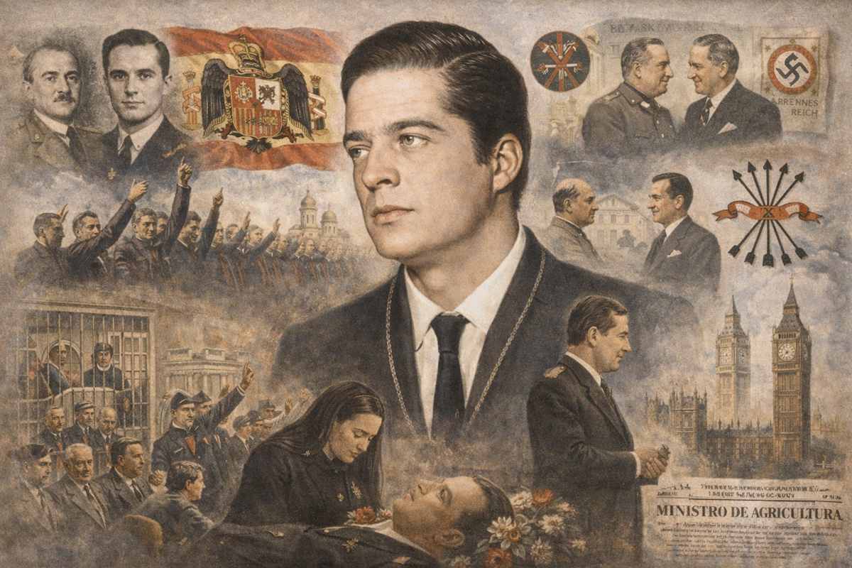 Retrato alegórico de Miguel Primo de Rivera y Sáenz de Heredia, dirigente falangista y ministro de Agricultura, rodeado de escenas de la Falange, la Guerra Civil, el franquismo y su etapa como embajador en Londres.
