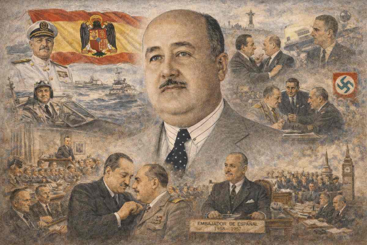 Retrato alegórico de Nicolás Franco Bahamonde, ingeniero naval, aviador y diplomático, con escenas de la Guerra Civil, su labor diplomática en Portugal y su papel en la consolidación del régimen franquista.