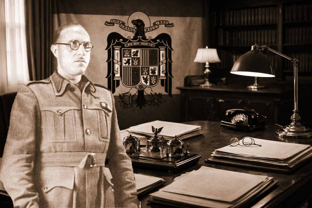 Oficina elegante con bandera histórica