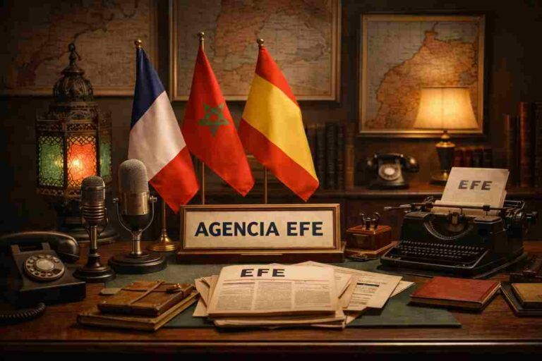Redacción periodística de los años cincuenta con mesa de trabajo, micrófonos y máquina de escribir, rótulo de la Agencia EFE y banderas de Francia, Marruecos y España, con mapas del norte de África al fondo, imagen alegórica de las declaraciones de Franco a la Agencia EFE en diciembre de 1955.