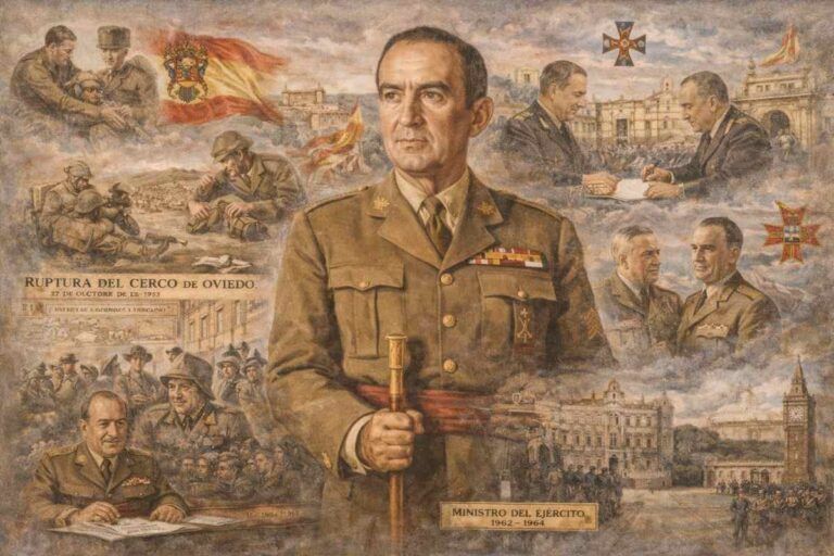 Imagen alegórica de Pablo Martín Alonso, general del Ejército español y ministro del Ejército durante el franquismo, con escenas de las campañas de Marruecos, la ruptura del cerco de Oviedo y su etapa al frente del Ministerio del Ejército.