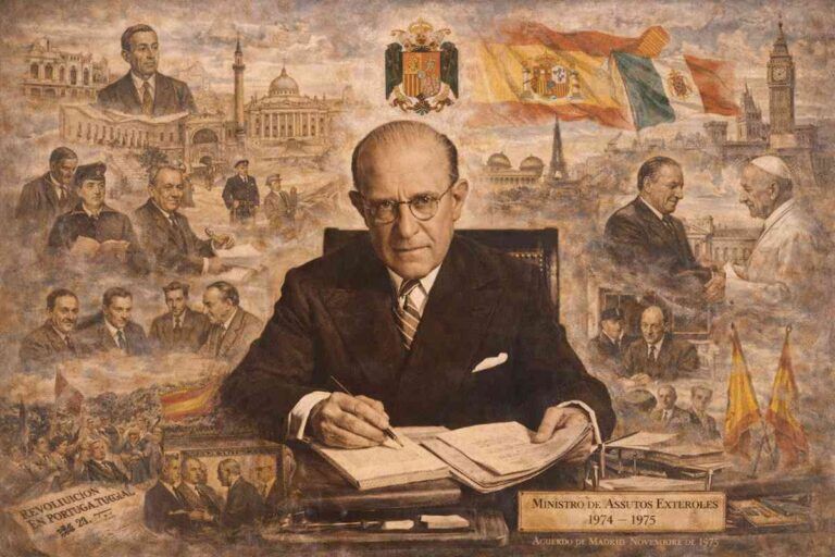 Retrato alegórico de Pedro Cortina Mauri, diplomático y ministro de Asuntos Exteriores de España (1974–1975), representado en su despacho con escenas de su carrera diplomática, las crisis internacionales del final del franquismo y símbolos de la política exterior española.