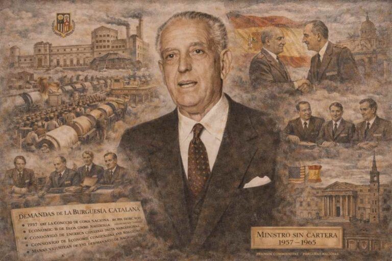 Retrato alegórico de Pedro Gual Villalbí, economista catalán y ministro sin cartera del franquismo, rodeado de escenas industriales, símbolos de la burguesía catalana y referencias a su papel en la política económica del régimen.