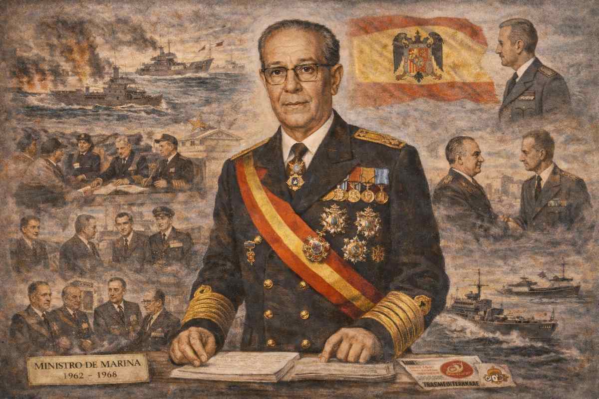 Retrato alegórico de Pedro Nieto Antúnez, almirante de la Armada y ministro de Marina del franquismo, representado con uniforme de gala y condecoraciones, escenas navales de su mandato y la bandera de España con el escudo franquista al fondo.