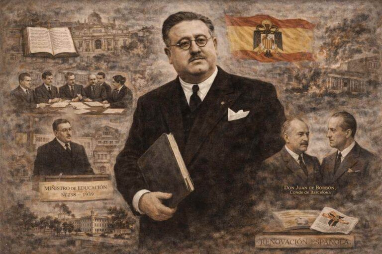 Retrato alegórico de Pedro Sainz Rodríguez, intelectual, bibliófilo y ministro de Educación Nacional durante la Guerra Civil, representado con libros, símbolos académicos, escenas de su actividad política y referencias a su compromiso monárquico.