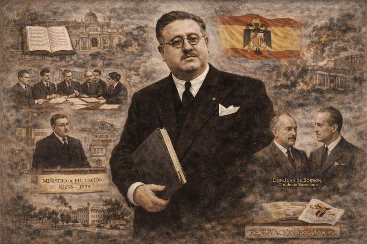Retrato alegórico de Pedro Sainz Rodríguez, intelectual, bibliófilo y ministro de Educación Nacional durante la Guerra Civil, representado con libros, símbolos académicos, escenas de su actividad política y referencias a su compromiso monárquico.