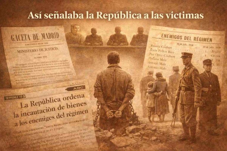 Ilustración alegórica sobre la persecución y señalamiento de personas como “enemigos del régimen” durante la Segunda República, con documentos oficiales, listas de nombres y escenas de tribunales y detenciones.