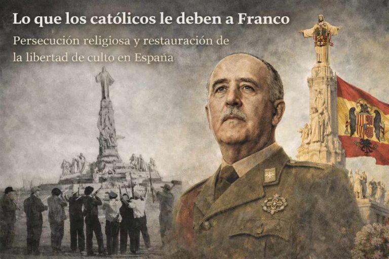 Ilustración alegórica sobre la persecución religiosa en España: al fondo, milicianos disparando contra el monumento del Sagrado Corazón en el Cerro de los Ángeles en 1936; en primer plano, Francisco Franco arrodillado en acto solemne, junto al monumento restaurado y la bandera de España con el escudo de la época franquista.