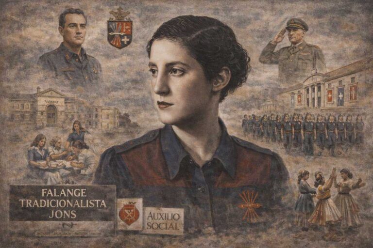 Retrato alegórico de Pilar Primo de Rivera y Sáenz de Heredia, con vestimenta de la Sección Femenina, mirada serena y firme, rodeada de símbolos y escenas representativas de su papel político y social durante el franquismo, como el Auxilio Social y la Falange Española.