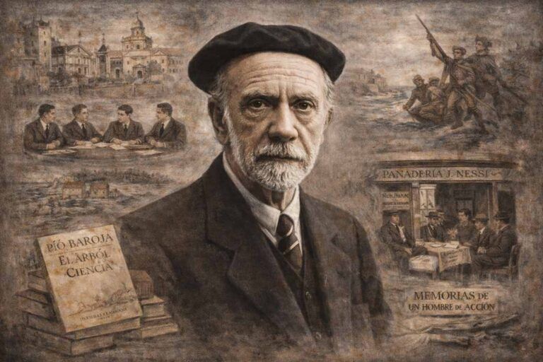 Retrato alegórico de Pío Baroja, escritor de la Generación del 98, representado en edad madura con boina y gesto austero, rodeado de escenas simbólicas de su vida y obra literaria, como la panadería familiar, paisajes vascos y referencias a El árbol de la ciencia y Memorias de un hombre de acción.