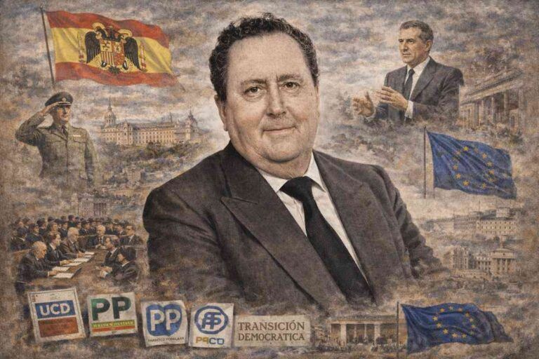 “Retrato alegórico de Pío Cabanillas Gallas, político español clave del tardofranquismo y la Transición, rodeado de símbolos del franquismo, la reforma política, la UCD, el Parlamento español y la integración europea.”