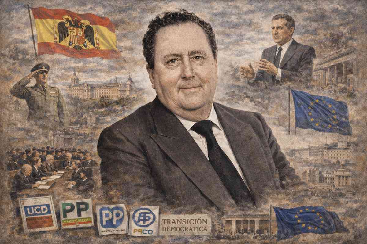 “Retrato alegórico de Pío Cabanillas Gallas, político español clave del tardofranquismo y la Transición, rodeado de símbolos del franquismo, la reforma política, la UCD, el Parlamento español y la integración europea.”