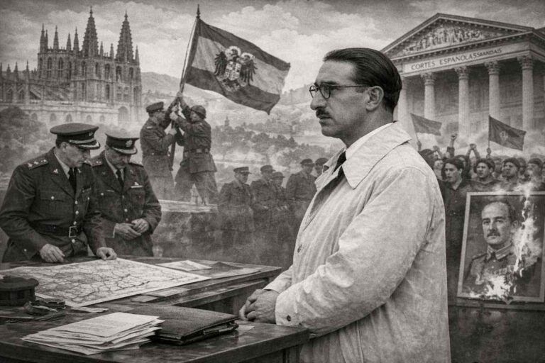 Imagen alegórica en blanco y negro de Tomás Garicano Goñi como jurista y político del franquismo tardío, con símbolos del poder institucional, el orden público y las tensiones sociales del final de la dictadura.