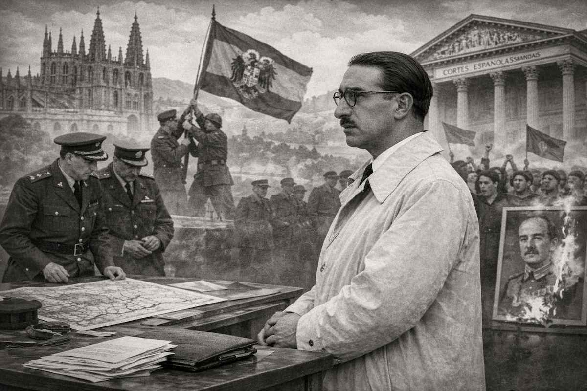 Imagen alegórica en blanco y negro de Tomás Garicano Goñi como jurista y político del franquismo tardío, con símbolos del poder institucional, el orden público y las tensiones sociales del final de la dictadura.