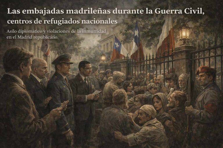 Ilustración alegórica de refugiados españoles concentrados ante una embajada en Madrid durante la Guerra Civil, con diplomáticos y fuerzas de seguridad, símbolo del asilo diplomático y la protección ofrecida por las legaciones extranjeras.