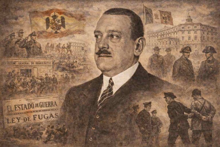 Retrato alegórico de Severiano Martínez Anido, representado con traje oscuro y gesto severo, rodeado de escenas simbólicas del orden público, la autoridad del Estado y la España de las primeras décadas del siglo XX, con referencias visuales a fuerzas de seguridad, edificios institucionales y la bandera nacional.