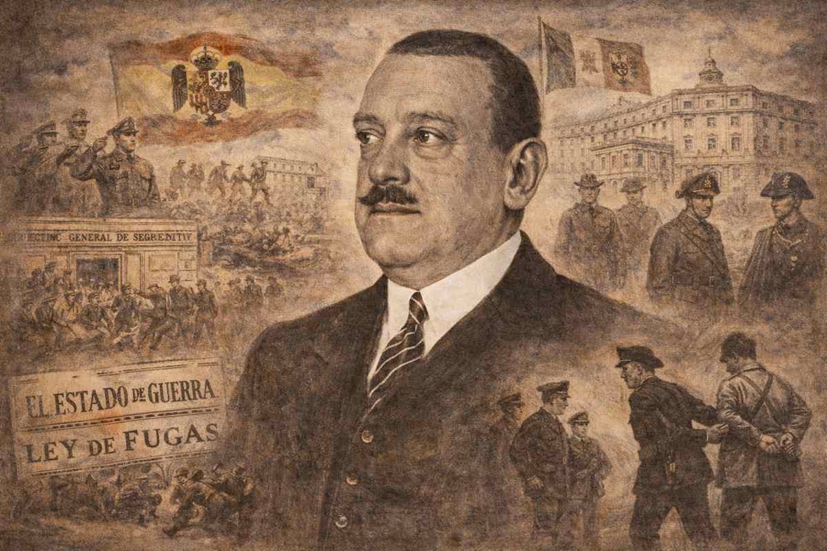 Retrato alegórico de Severiano Martínez Anido, representado con traje oscuro y gesto severo, rodeado de escenas simbólicas del orden público, la autoridad del Estado y la España de las primeras décadas del siglo XX, con referencias visuales a fuerzas de seguridad, edificios institucionales y la bandera nacional.