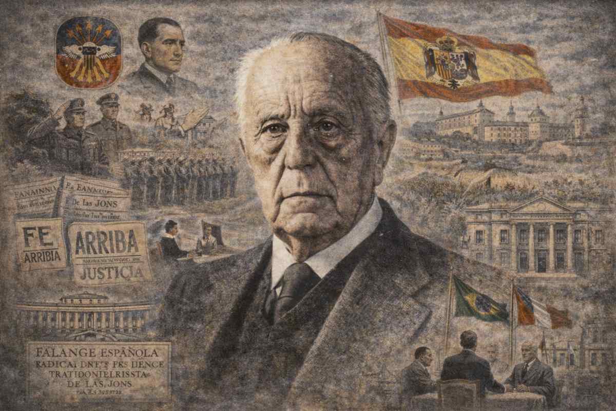 Retrato alegórico de Raimundo Fernández-Cuesta y Merelo, dirigente histórico de Falange Española, representado en un entorno institucional sobrio con elementos simbólicos del Estado franquista y la bandera de España con el escudo vigente durante el régimen.