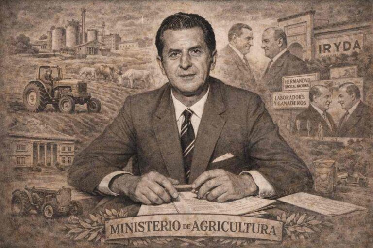Retrato alegórico en tonos sepia de Tomás Allende y García-Báxter, sentado en un despacho ministerial, rodeado de símbolos de la política agraria española del tardofranquismo: maquinaria agrícola, escenas rurales, referencias al IRYDA y a la Hermandad Sindical de Labradores y Ganaderos, evocando su etapa como ministro de Agricultura y gestor del desarrollo agrario.