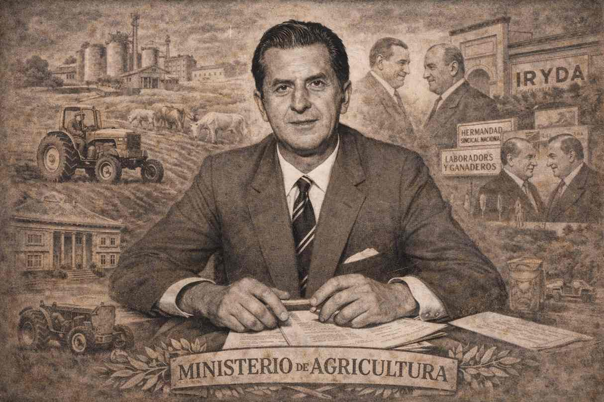 Retrato alegórico en tonos sepia de Tomás Allende y García-Báxter, sentado en un despacho ministerial, rodeado de símbolos de la política agraria española del tardofranquismo: maquinaria agrícola, escenas rurales, referencias al IRYDA y a la Hermandad Sindical de Labradores y Ganaderos, evocando su etapa como ministro de Agricultura y gestor del desarrollo agrario.