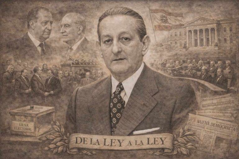 Retrato alegórico de Torcuato Fernández-Miranda y Hevia, con escenas simbólicas de la Transición española, las Cortes, la monarquía y la ley, destacando su papel en la reforma política bajo el lema «De la Ley a la Ley».
