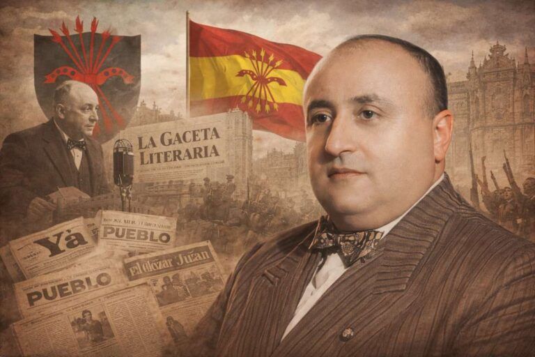 Retrato alegórico horizontal de Aparicio López Juan, intelectual y periodista falangista, rodeado de símbolos de la prensa española del franquismo, banderas y referencias a La Gaceta Literaria, Pueblo y El Alcázar.