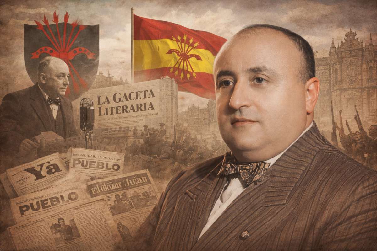 Retrato alegórico horizontal de Aparicio López Juan, intelectual y periodista falangista, rodeado de símbolos de la prensa española del franquismo, banderas y referencias a La Gaceta Literaria, Pueblo y El Alcázar.