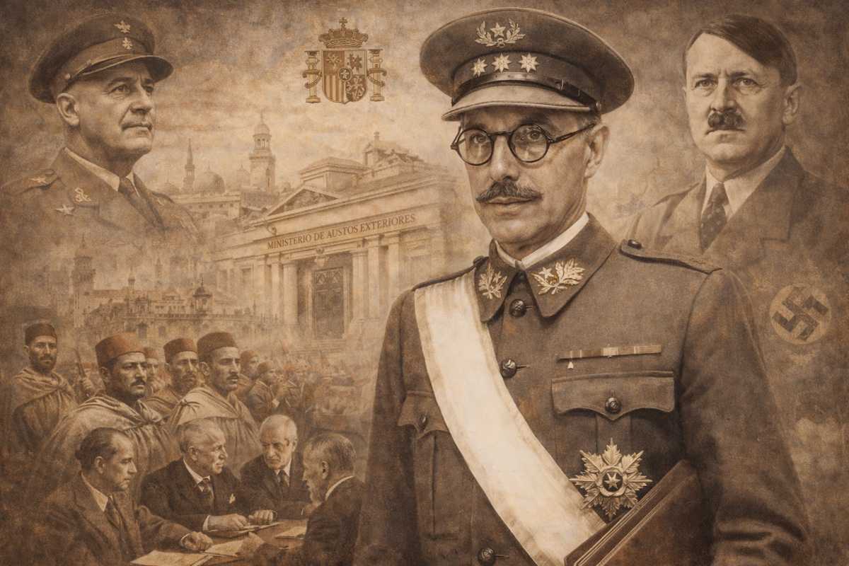 Retrato alegórico de Juan Beigbeder Atienza, militar y ministro de Asuntos Exteriores, representado con uniforme y símbolos del Protectorado de Marruecos y de la diplomacia española en los inicios del franquismo.