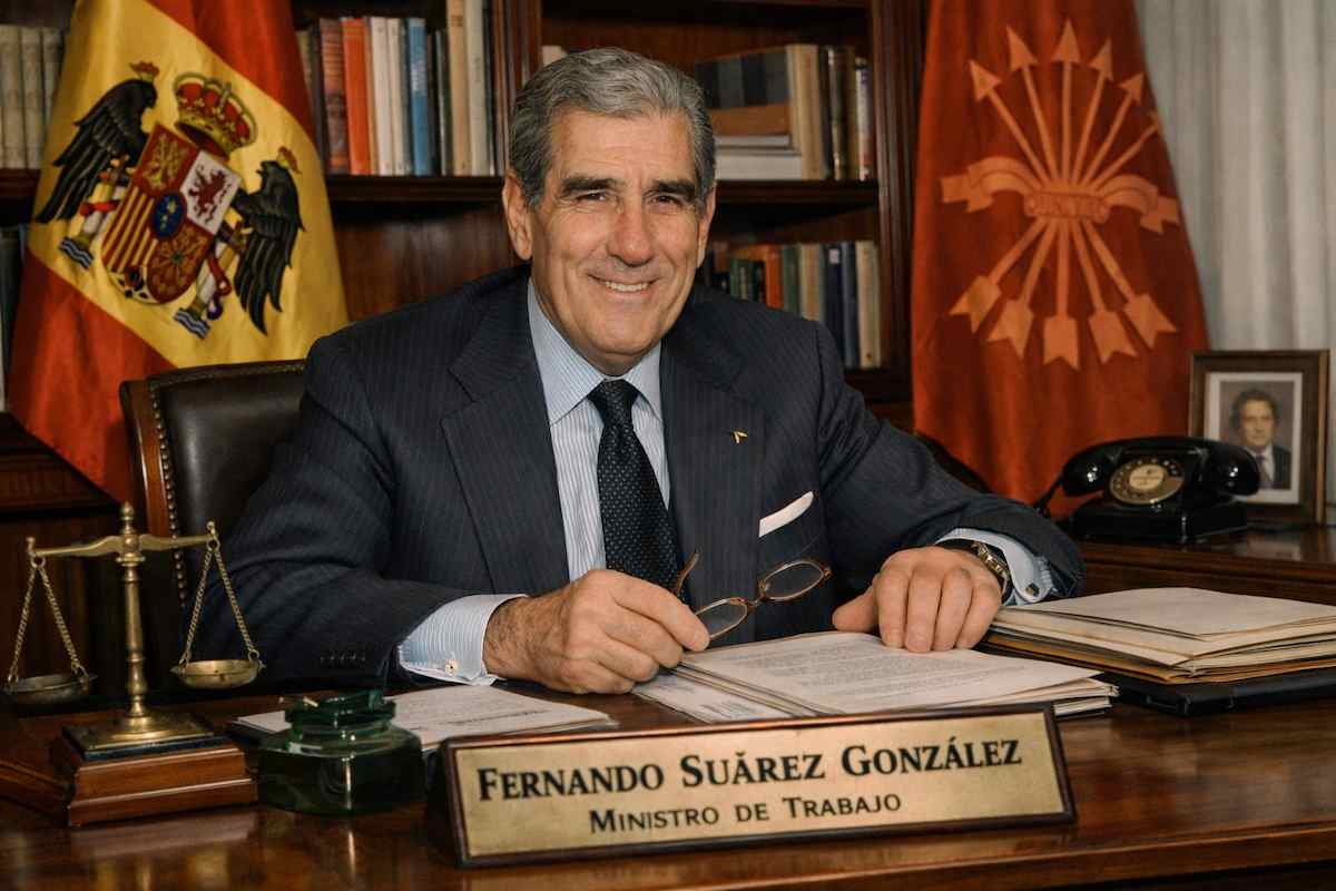 Fernando Suárez González en su despacho, jurista y ministro de Trabajo en el final del franquismo y figura clave de la reforma política española.