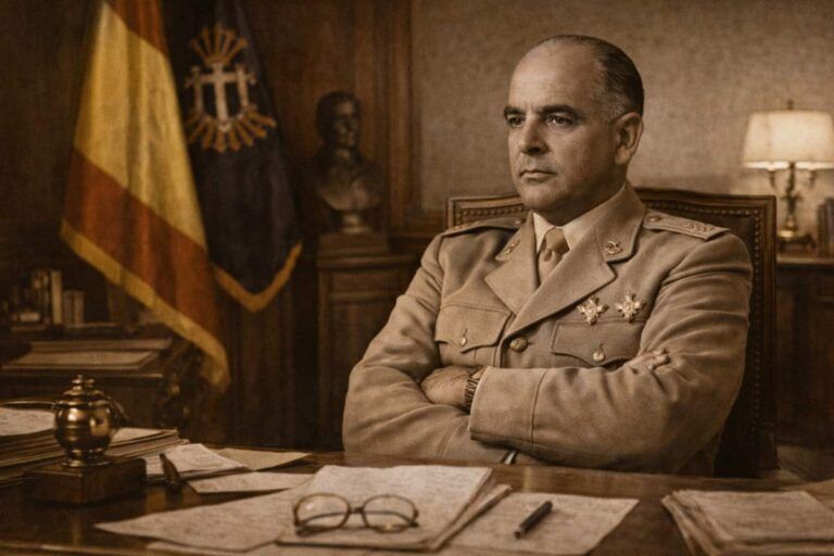 Imagen alegórica en sepia de José Enrique Varela Iglesias, vestido con uniforme militar, sentado tras un escritorio con documentos y mapas, en un despacho oficial con bandera de España al fondo y ambiente solemne propio de la alta jerarquía militar.