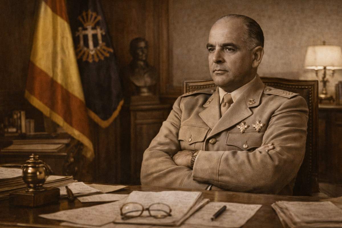 Imagen alegórica en sepia de José Enrique Varela Iglesias, vestido con uniforme militar, sentado tras un escritorio con documentos y mapas, en un despacho oficial con bandera de España al fondo y ambiente solemne propio de la alta jerarquía militar.