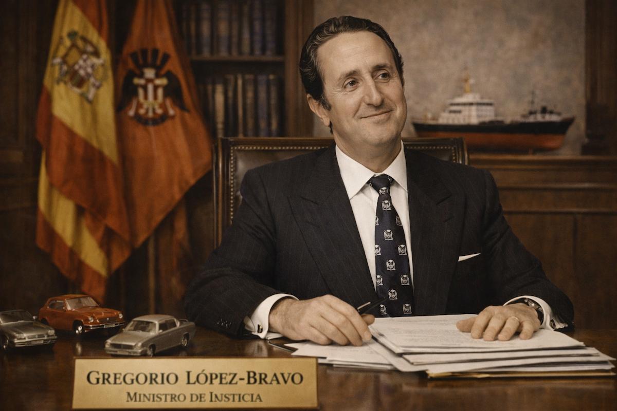 Gregorio López-Bravo Carrizosa, ministro tecnócrata del franquismo, sentado en su despacho oficial con traje oscuro y corbata, ante documentos de trabajo, con la bandera de España y símbolos industriales al fondo, en una imagen alegórica de su etapa como responsable de Industria y Asuntos Exteriores.