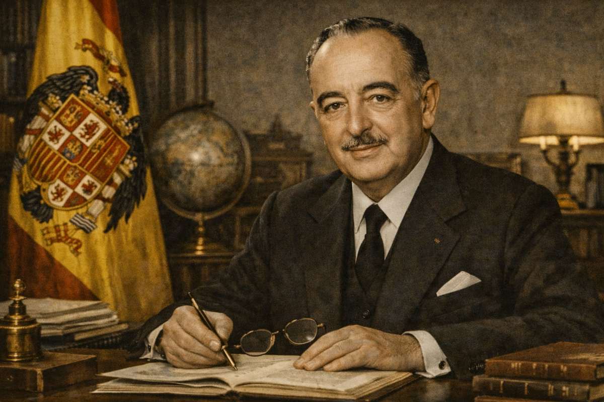 José Félix de Lequerica y Erquicia, retratado en un despacho oficial, sentado ante un escritorio con documentos y un globo terráqueo, con la bandera de España al fondo, en una imagen alegórica de su labor diplomática y política.