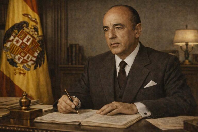 Retrato alegórico de José María Sánchez-Ventura y Pascual, sentado en un despacho oficial, firmando documentos sobre un escritorio, con la bandera de España al fondo y una iluminación sobria que evoca un ambiente institucional de mediados del siglo XX.