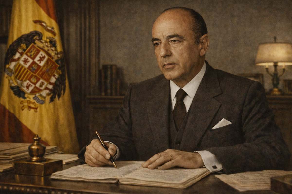Retrato alegórico de José María Sánchez-Ventura y Pascual, sentado en un despacho oficial, firmando documentos sobre un escritorio, con la bandera de España al fondo y una iluminación sobria que evoca un ambiente institucional de mediados del siglo XX.