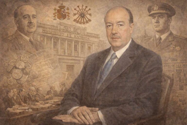 Retrato alegórico de Juan José Espinosa San Martín, ministro de Hacienda del franquismo, representado en actitud institucional con referencias al Ministerio de Hacienda y a la política económica española de los años sesenta.