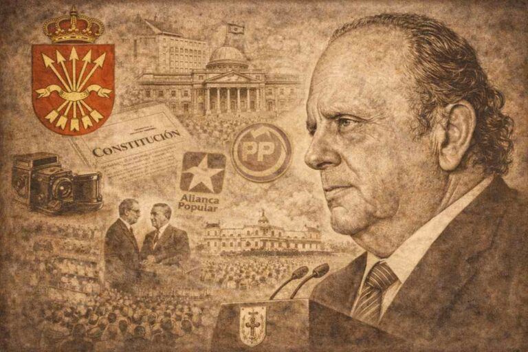 Ilustración alegórica en tonos sepia de Manuel Fraga Iribarne, representado de perfil con gesto serio, rodeado de símbolos de su trayectoria política e intelectual, como el Parlamento, la Constitución, emblemas políticos y escenas de su actividad pública, evocando su papel en el franquismo, la Transición y la vida política española.