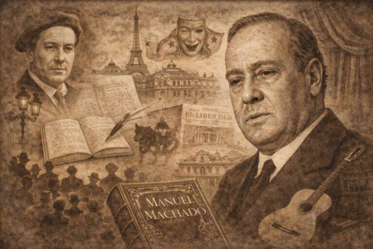 Ilustración alegórica de Manuel Machado, retratado en primer plano con gesto reflexivo, rodeado de símbolos de su vida literaria y teatral: libros abiertos, escenarios teatrales y referencias culturales a España y París, en un tono sepia de evocación histórica.