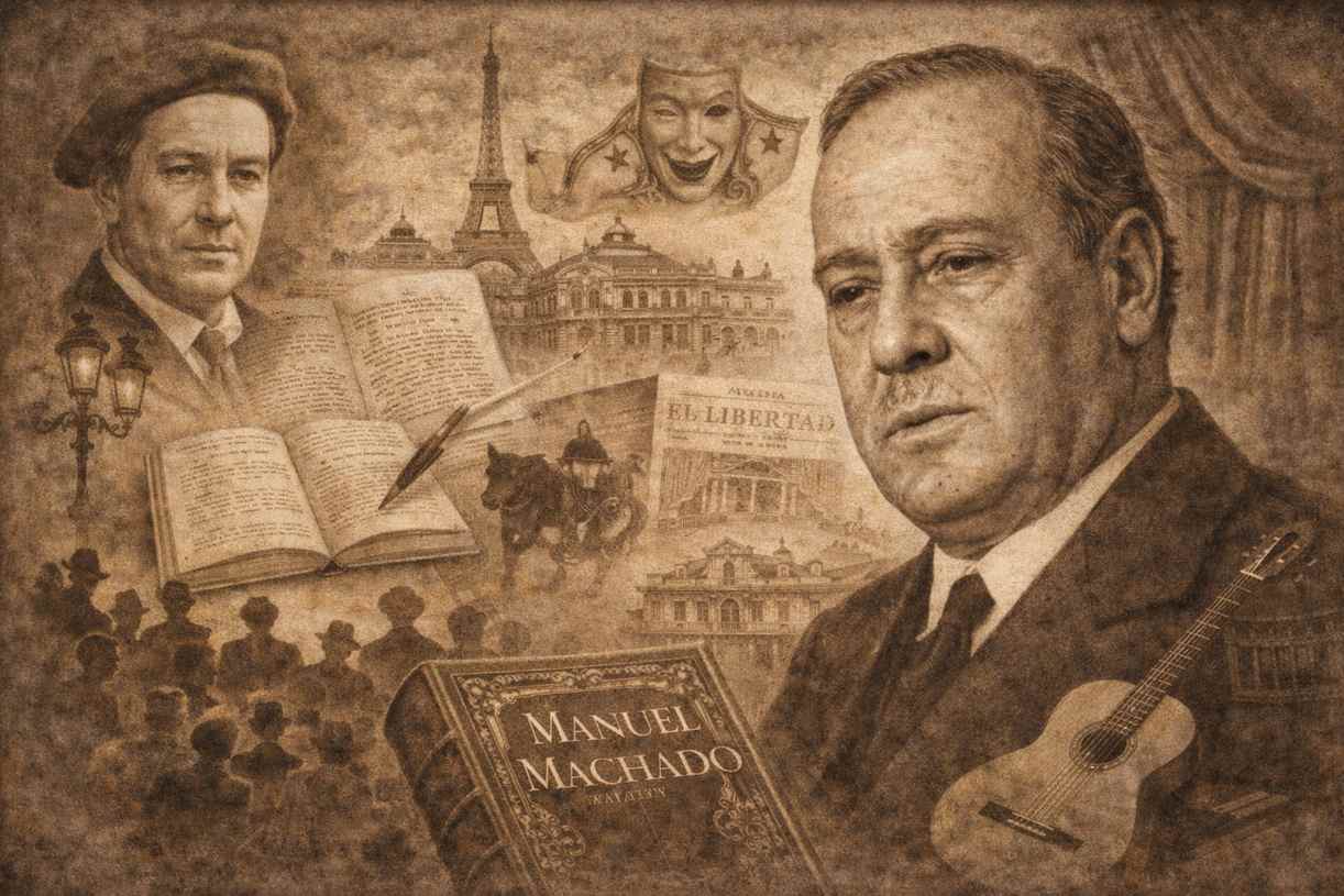 Ilustración alegórica de Manuel Machado, retratado en primer plano con gesto reflexivo, rodeado de símbolos de su vida literaria y teatral: libros abiertos, escenarios teatrales y referencias culturales a España y París, en un tono sepia de evocación histórica.