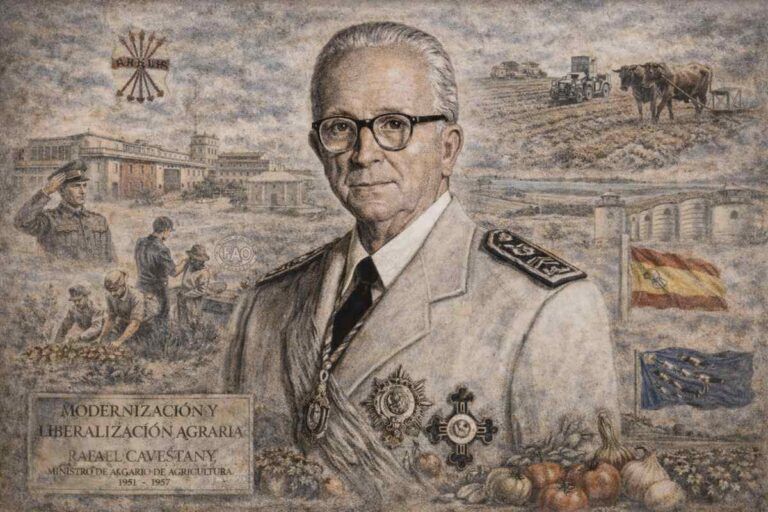 Retrato alegórico de Rafael Cavestany y Anduaga, ministro de Agricultura entre 1951 y 1957, representado con uniforme y condecoraciones, rodeado de escenas simbólicas de modernización agraria, mecanización del campo, colonización, obras hidráulicas y referencias a la política agrícola del franquismo.