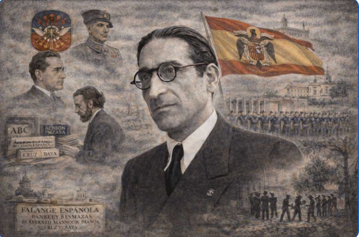 Retrato alegórico de Rafael Sánchez Mazas, escritor y dirigente falangista, representado con indumentaria de época ante una bandera de España con el escudo del Estado franquista, en una composición de estilo histórico y sobrio.